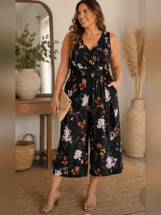Kaileigh Pants - Kaleigh Black Floral Culotte Style Jumpsuit Size L
